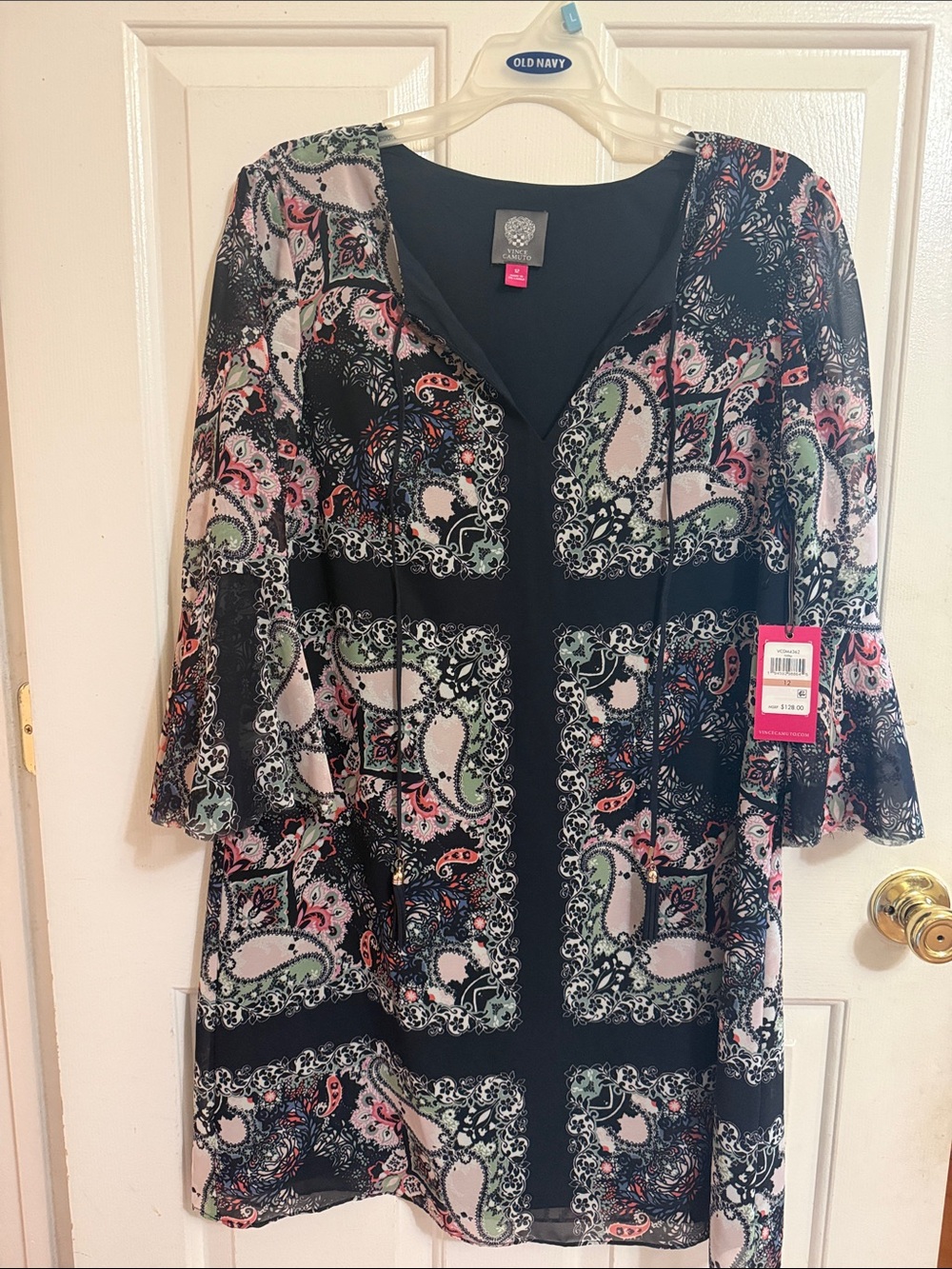 Vince Camuto Black Paisley Print Tunic Dress with Pink and Green Accents